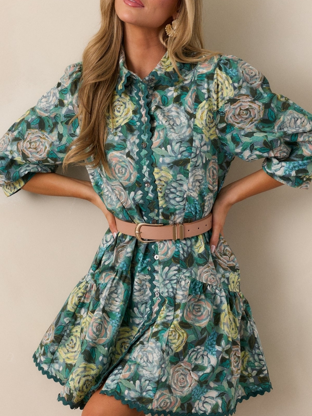 Cottagecore Green Floral Cotton Drop Waist Mini Dress Romantic Prairie Sz LG - Picture 5 of 16